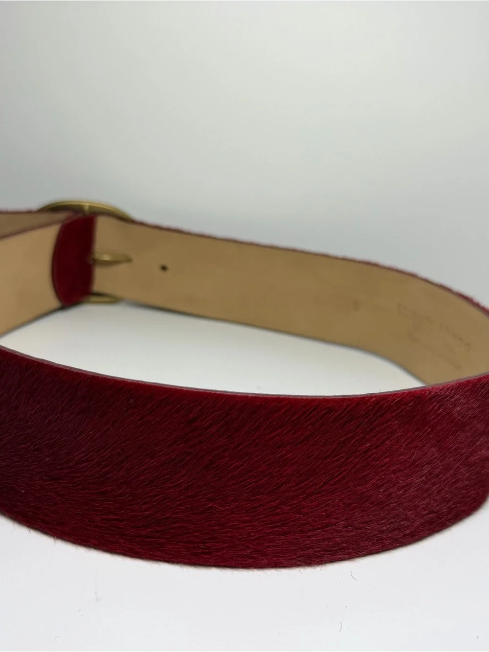 Streets Ahead Pony Hair On leather Hide Belt wide Sz Small Red Bronze Buckle USA
